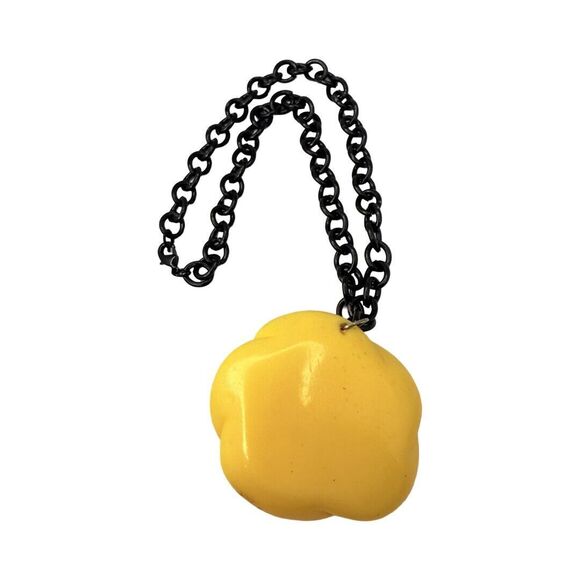 VTG Yellow Molded Rose Pendant Necklace 16” Black Chain Cottagecore Bold - Picture 11 of 14